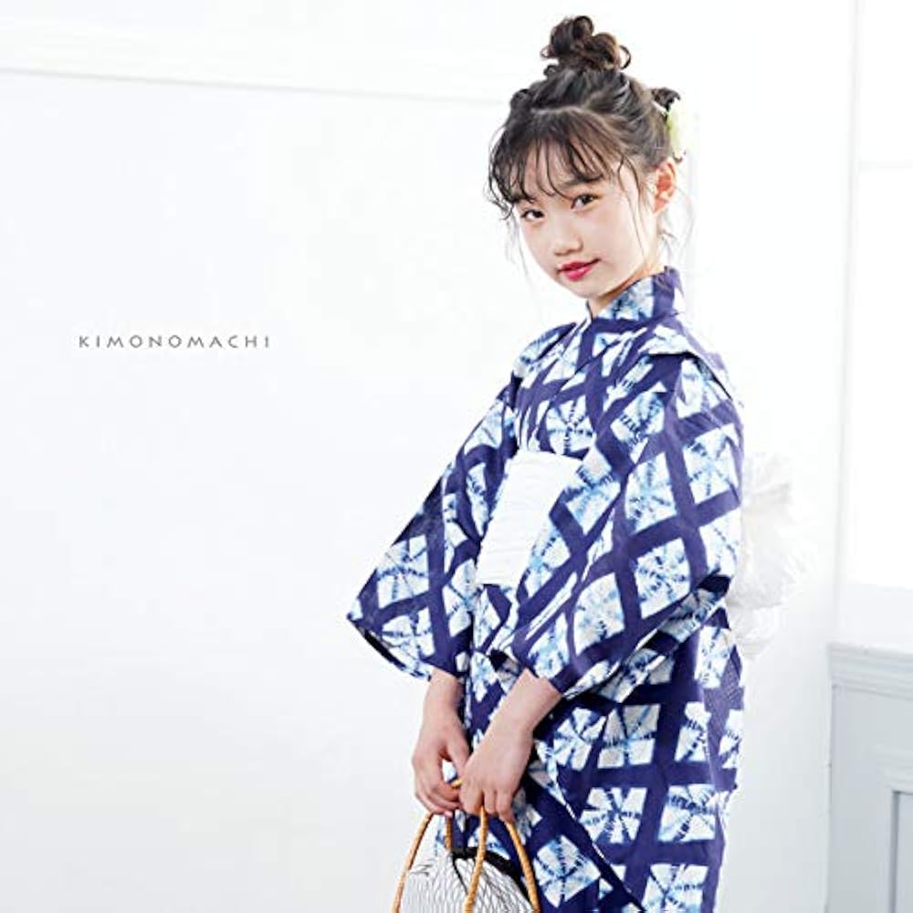 Amazon | [ 京都きもの町 ] 浴衣 子供「紺色に菱形 絞り風」110